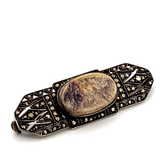 925 Sterling silver marcasite and natural stone pin brooch
